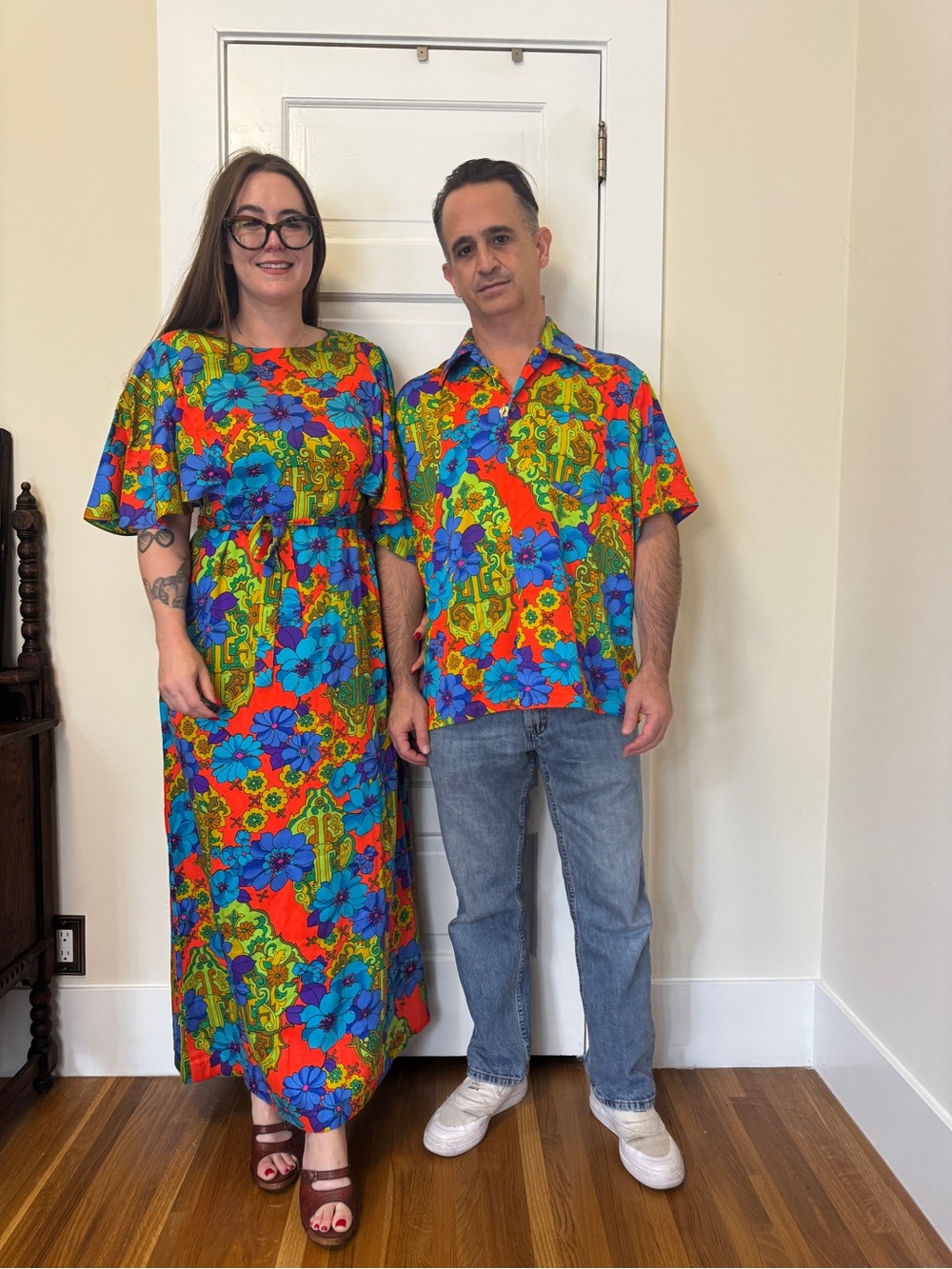 70s Vintage Hawaiian Tops Neon Floral Honeymoon Set - Picture 1 of 12